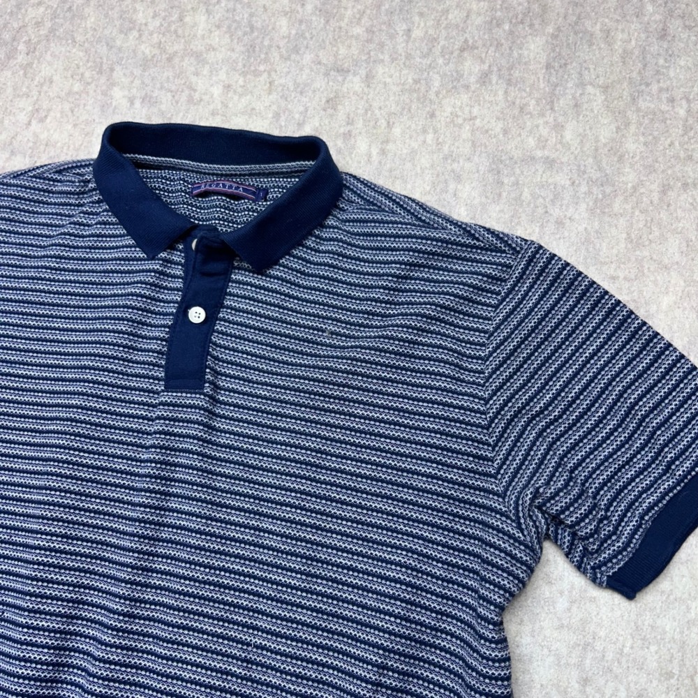 Regatta Mens Large Blue White Striped Knit Polo Shirt Short Sleeve‎ Casual